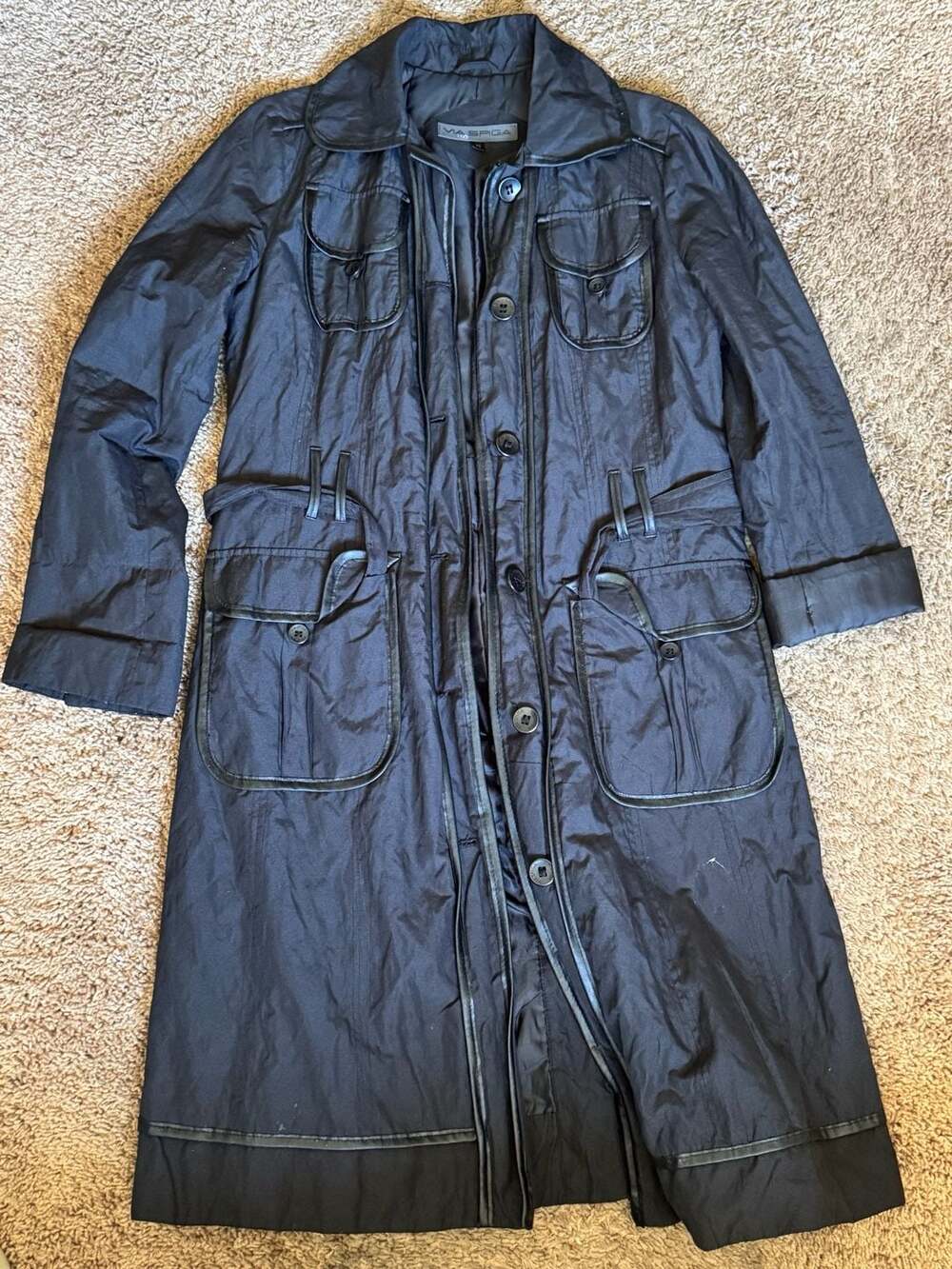 Via Spiga Women's Black Belted Trench Coat metallic crinkle texture
